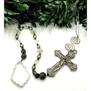 Vintage-Style Rosary With Ornate Metal Cross Clear Crystal Beads and Teardrop Pe